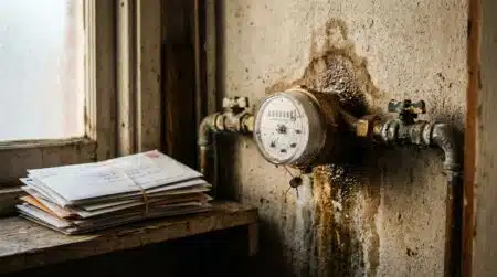 Compteur d'eau avec trace d'humidité sur un mur