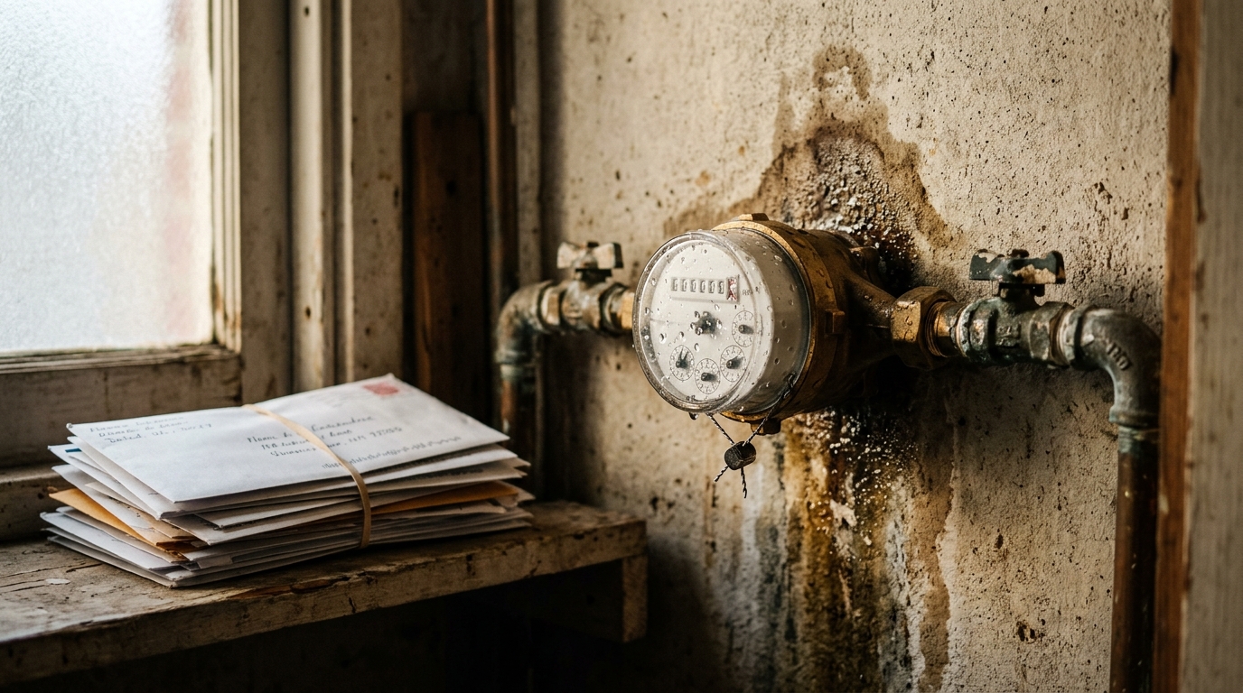 Compteur d'eau avec trace d'humidité sur un mur