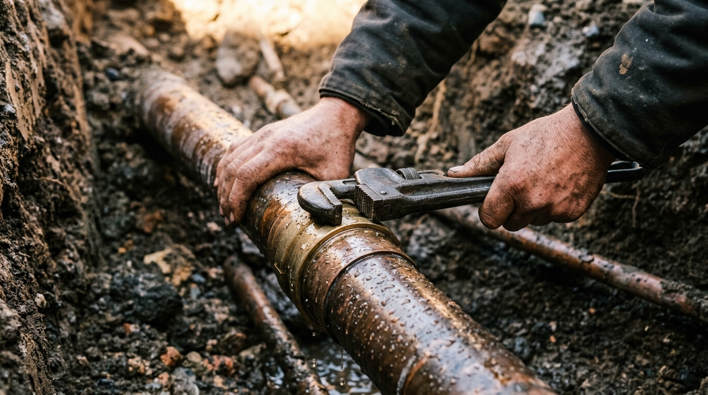 Mains d'un plombier réparant une canalisation qui fuit