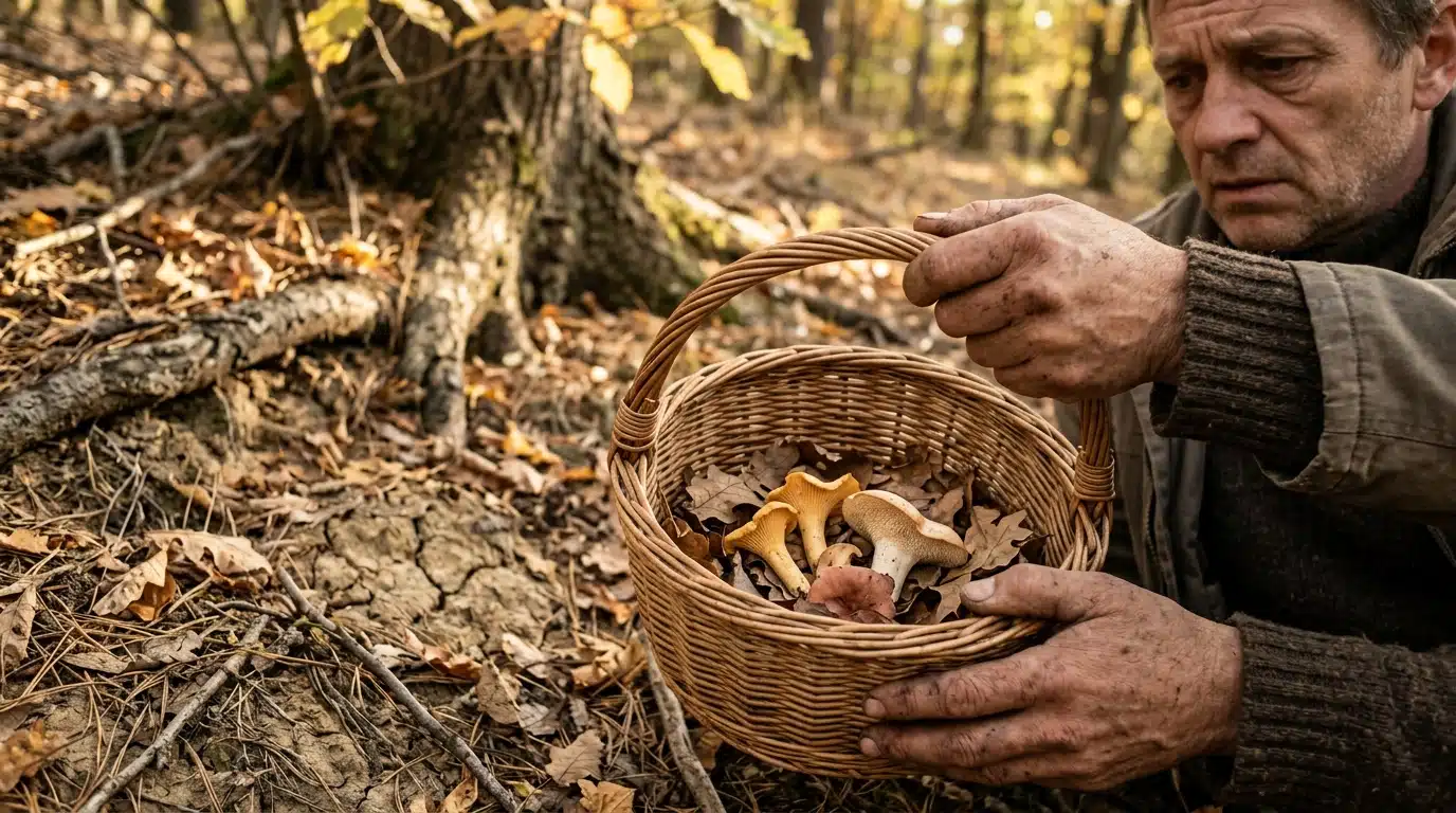 Cueilleur tenant un panier de champignons en forêt sèche