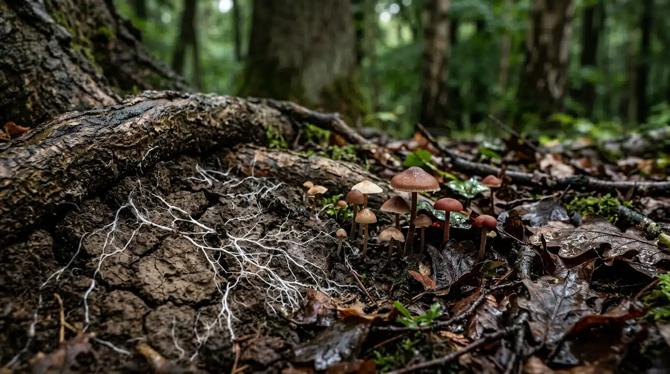 Mycélium blanc visible dans la terre craquelée d'une forêt