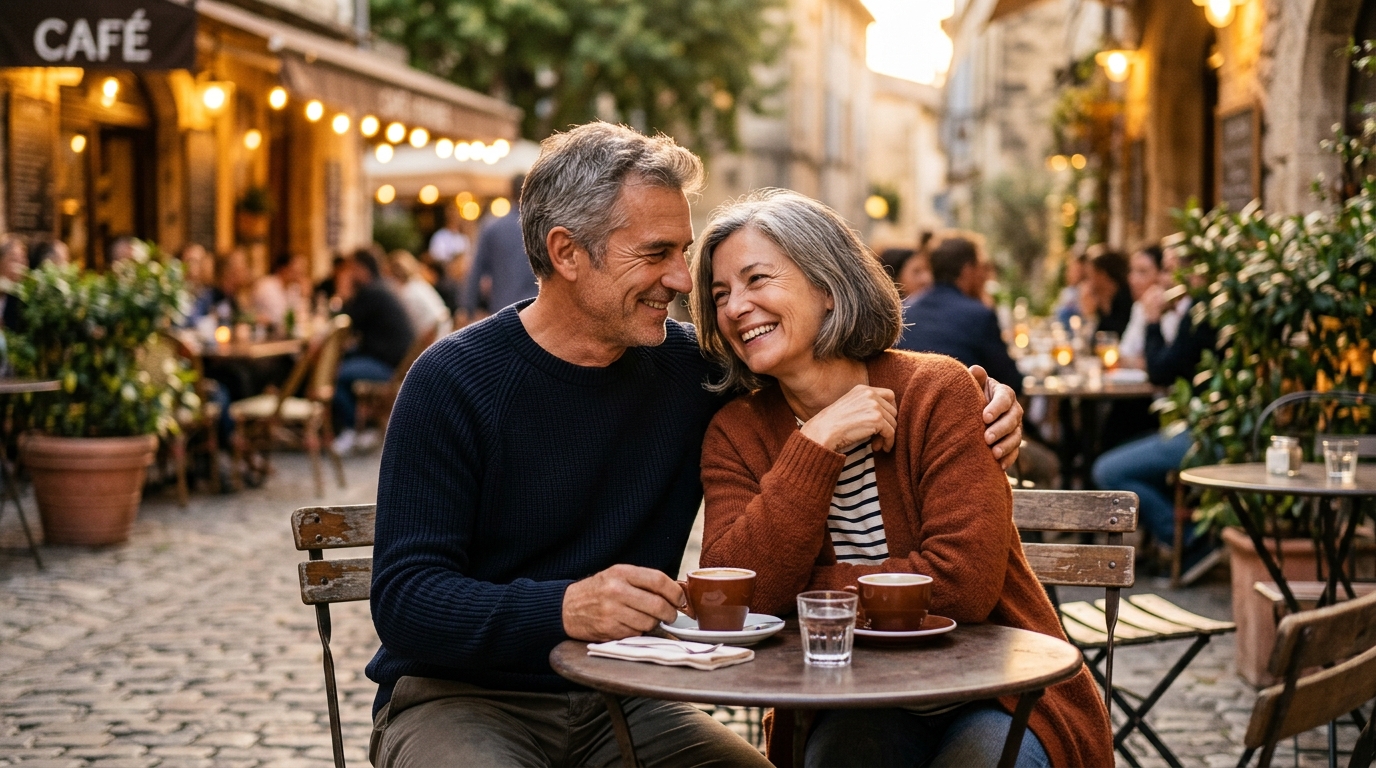 Couple de cinquantenaires souriants attablés en terrasse