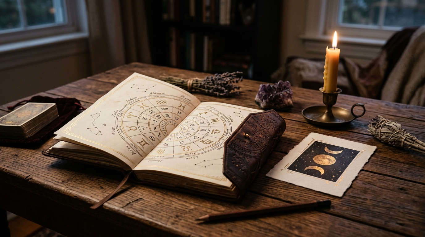 Carte du ciel astrologique et bougie sur table en bois