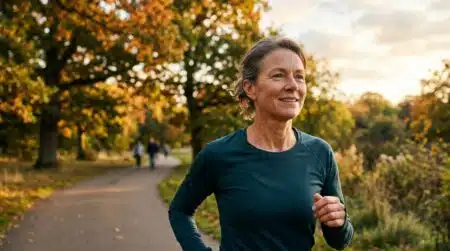 Adulte souriant faisant du jogging en extérieur