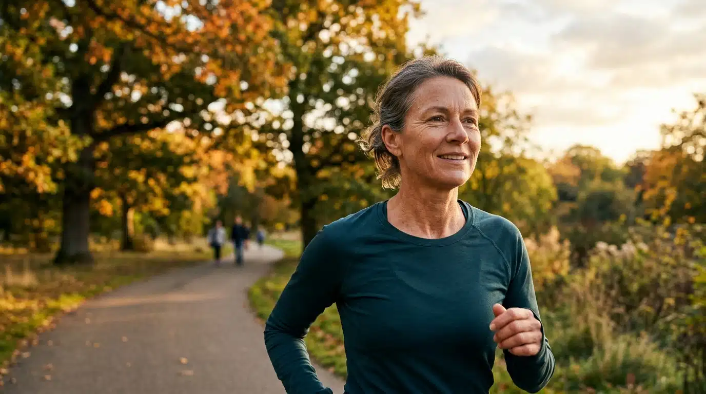 Adulte souriant faisant du jogging en extérieur