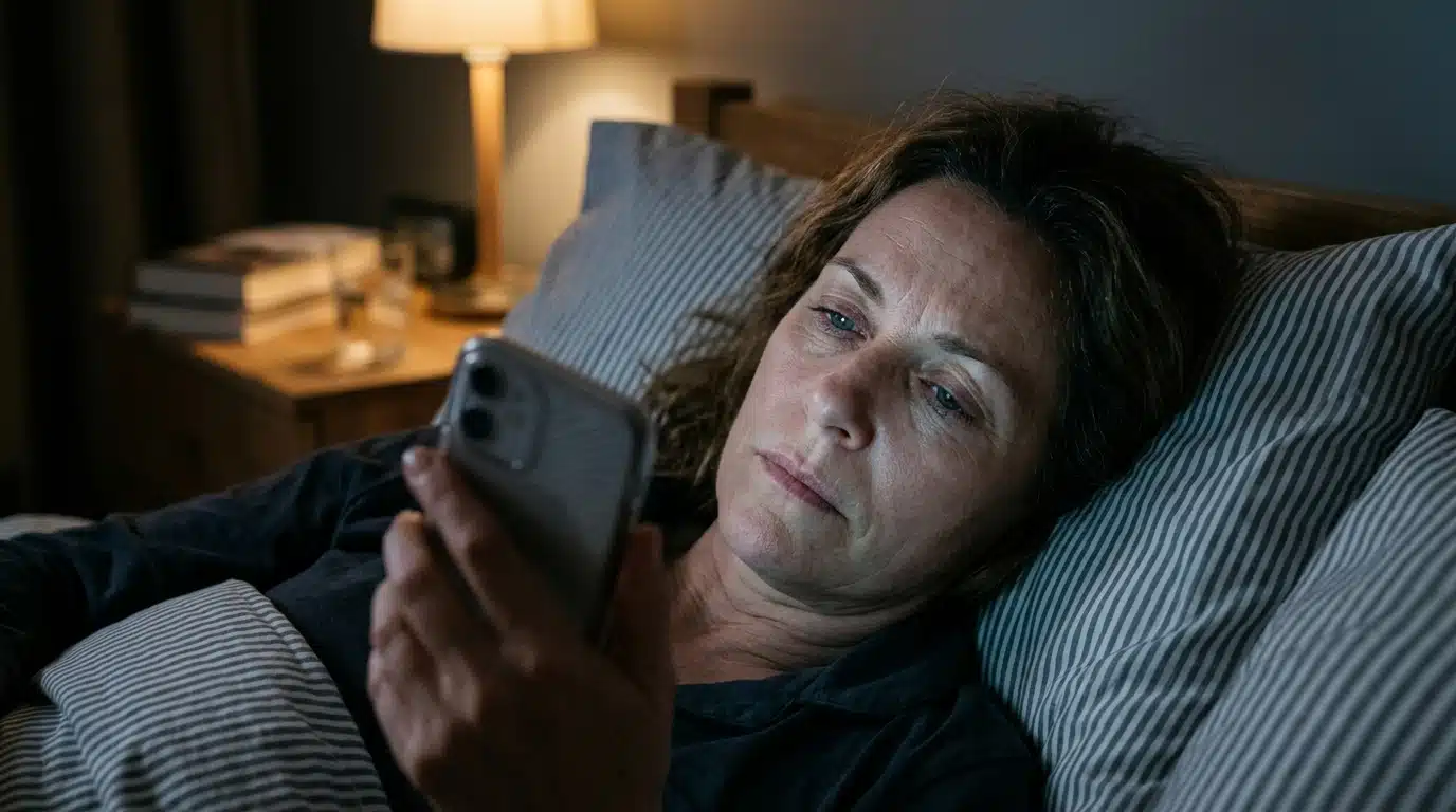 Adulte allongé au lit éclairé par l'écran du téléphone
