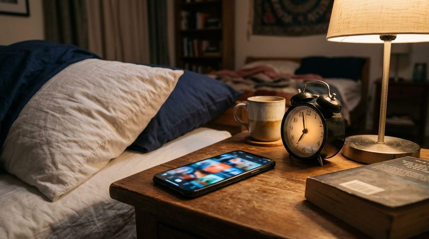 Smartphone posé sur table de nuit la nuit