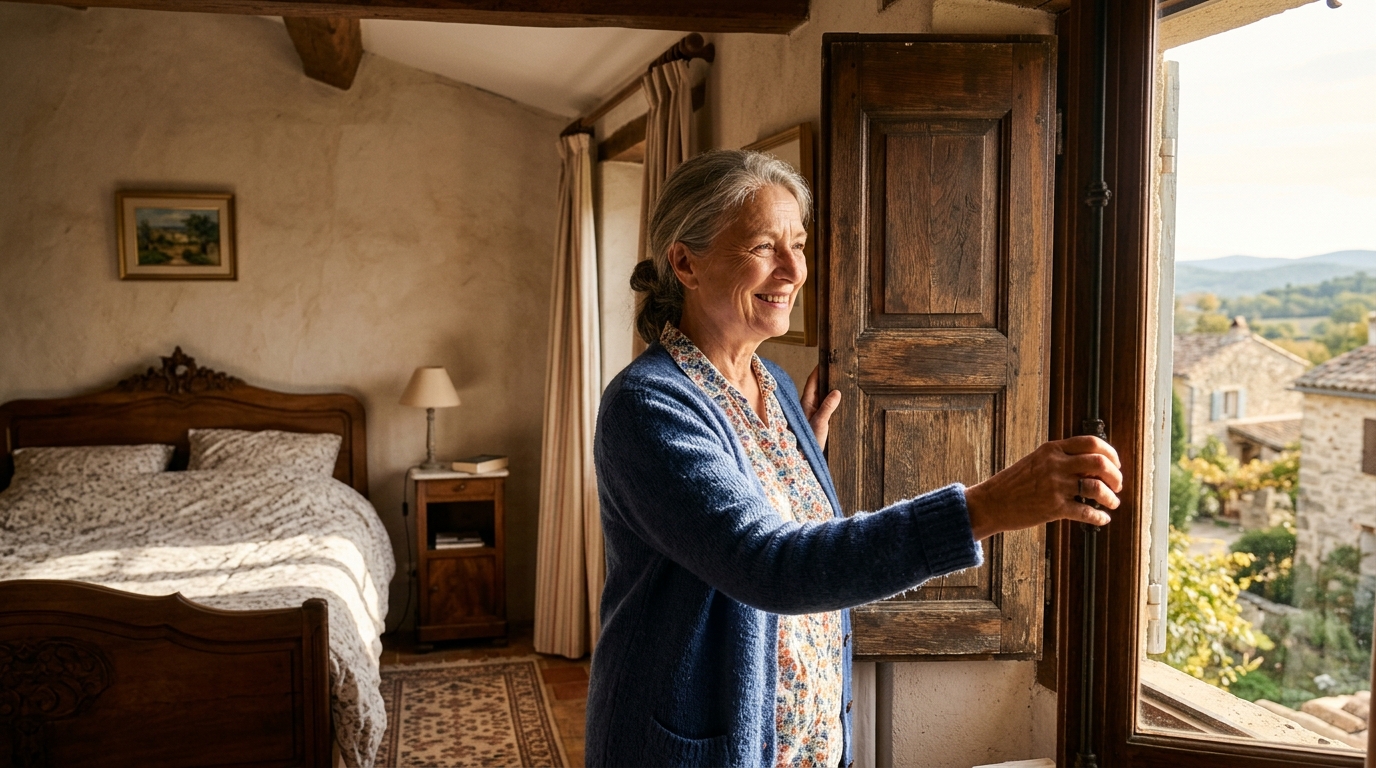 Femme senior ouvrant les volets le matin au réveil