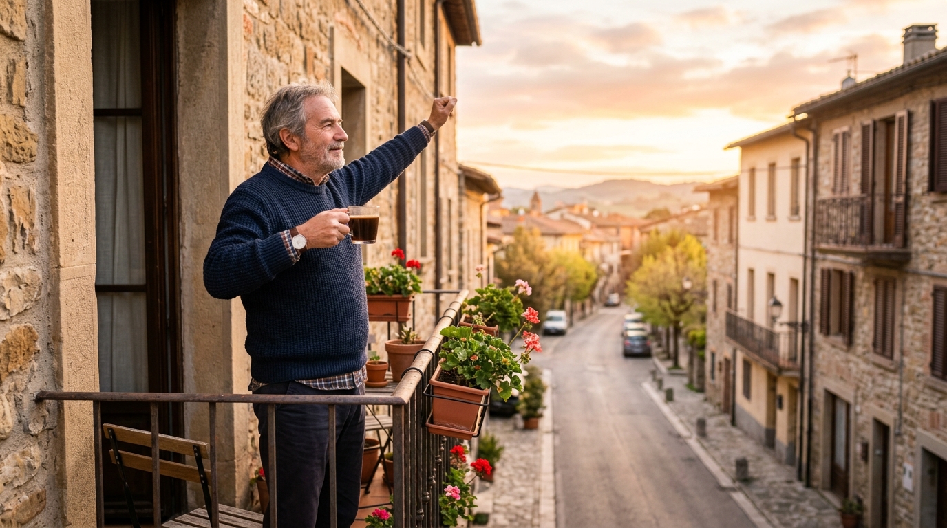 Homme senior sur son balcon exposé à la lumière du matin