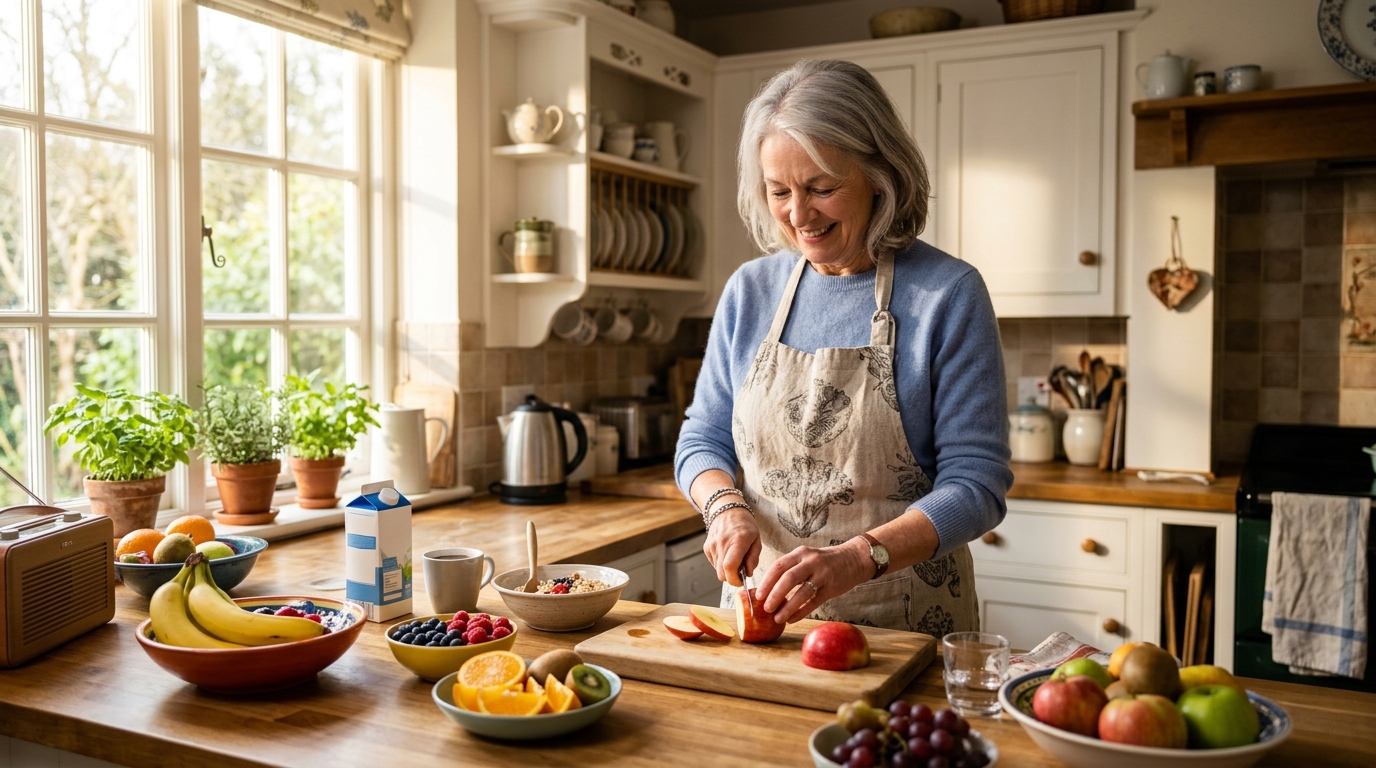 Femme senior préparant son petit-déjeuner dans une cuisine lumineuse