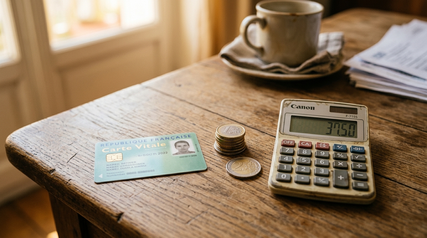 Carte vitale posée près de pièces d'euros et calculatrice