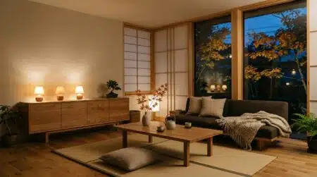 Salon japonais épuré avec meubles bas et lampes d'appoint