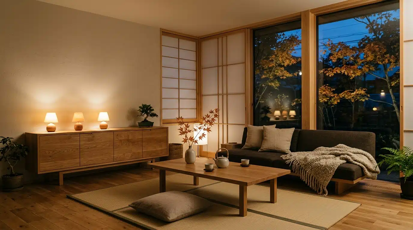 Salon japonais épuré avec meubles bas et lampes d'appoint