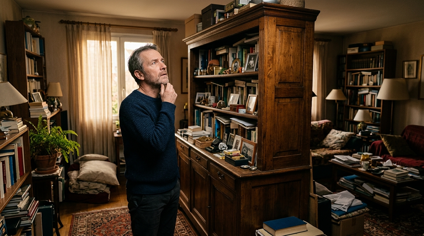 Personne regardant une armoire haute dans un salon sombre