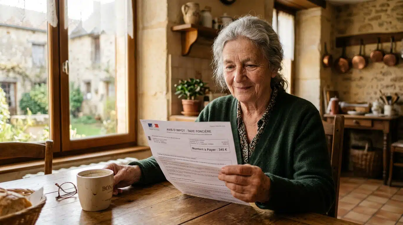 Retraitée âgée tenant un avis de taxe foncière