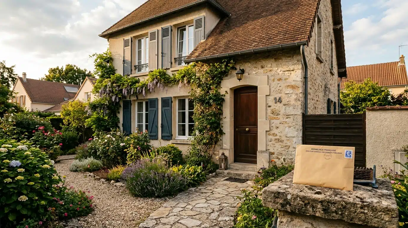 Maison française avec enveloppe administrative sur le perron