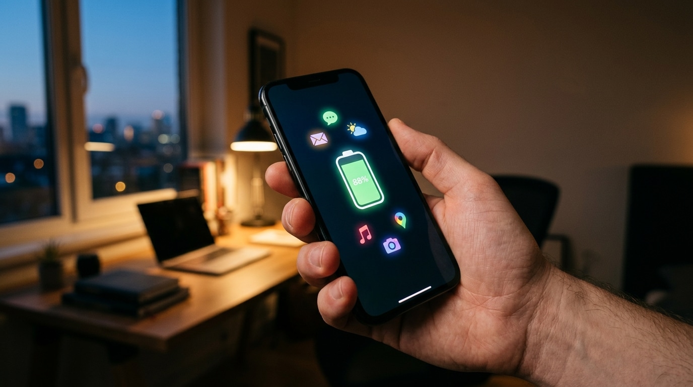 Main tenant un smartphone à l'écran lumineux