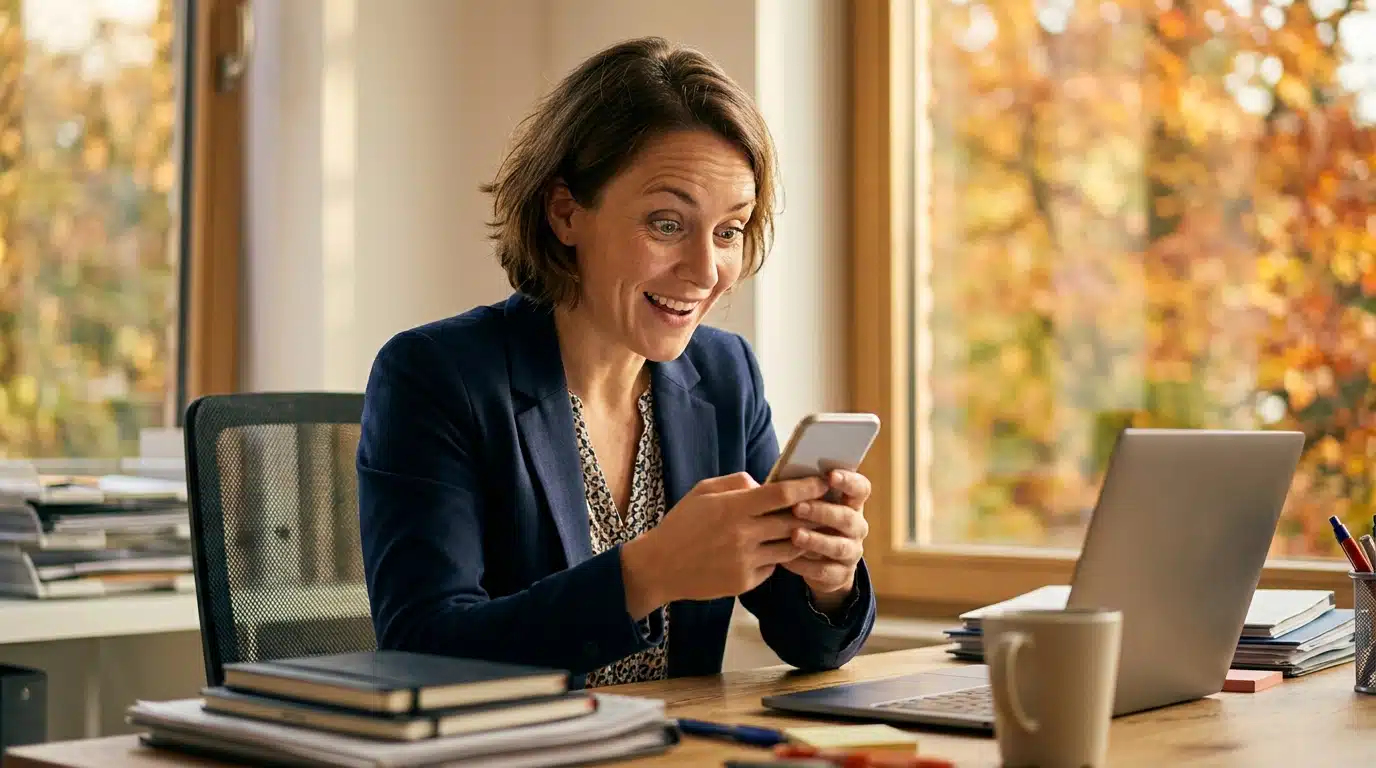 Bureau lumineux d'automne avec smartphone et sourire de surprise