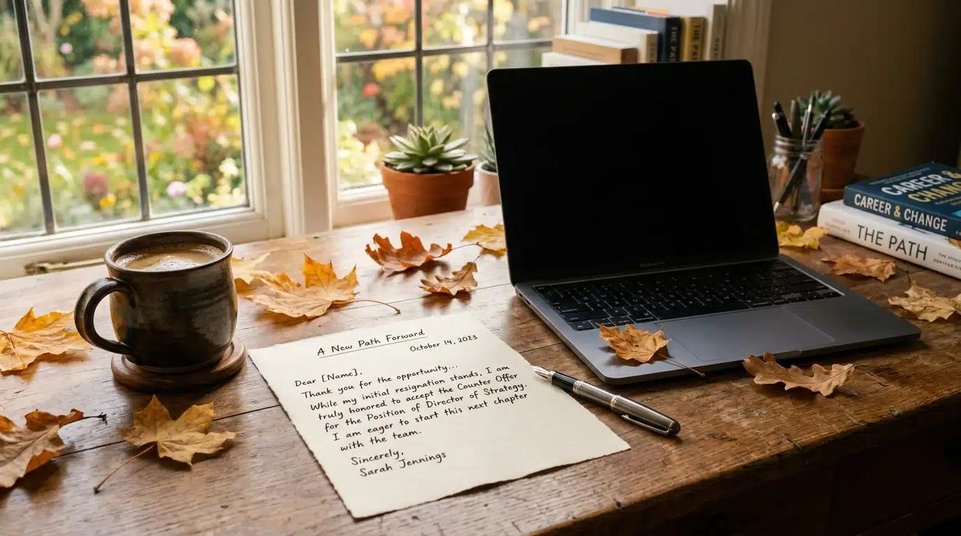 Feuilles d'automne et lettre sur bureau de travail