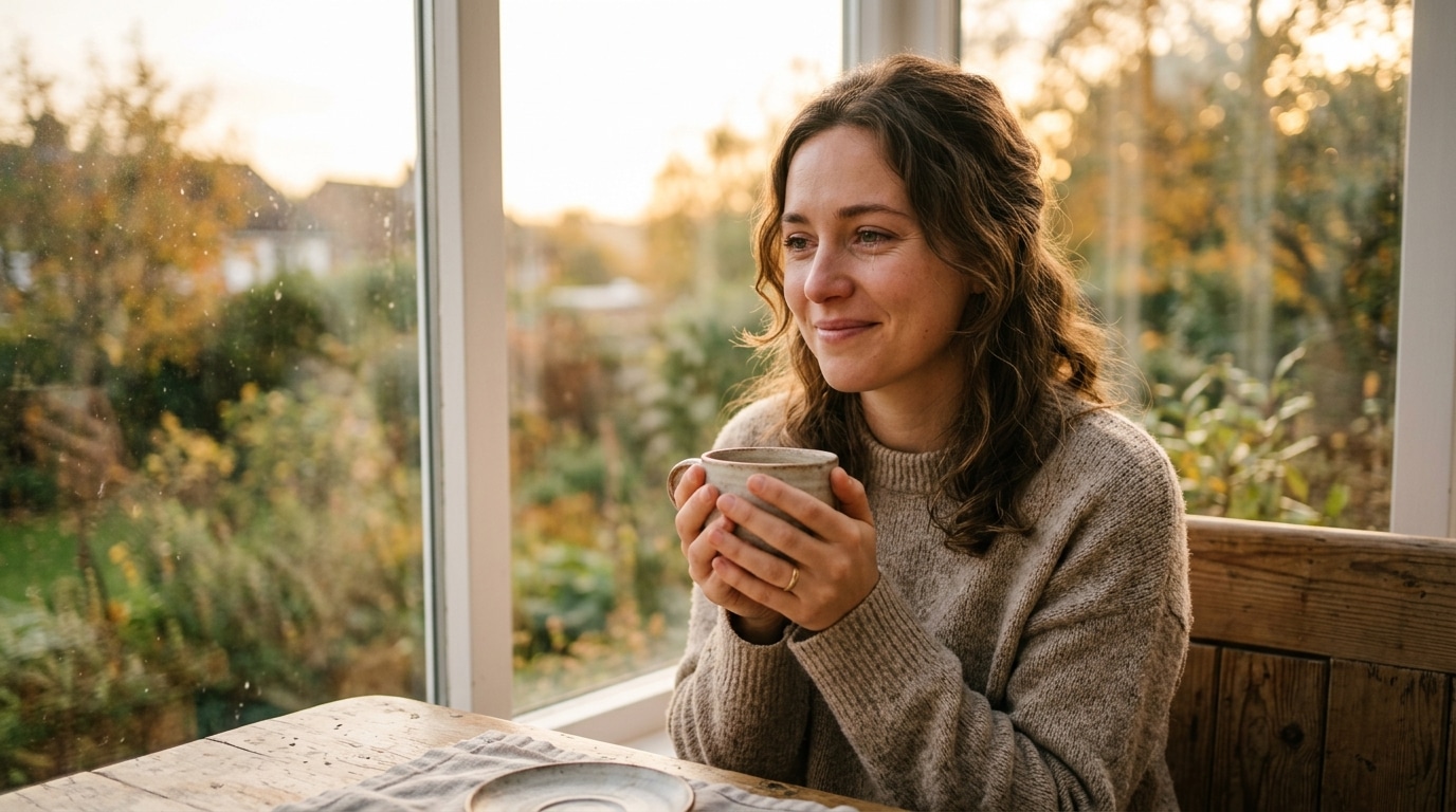 Jeune femme souriante et apaisée près d'une fenêtre