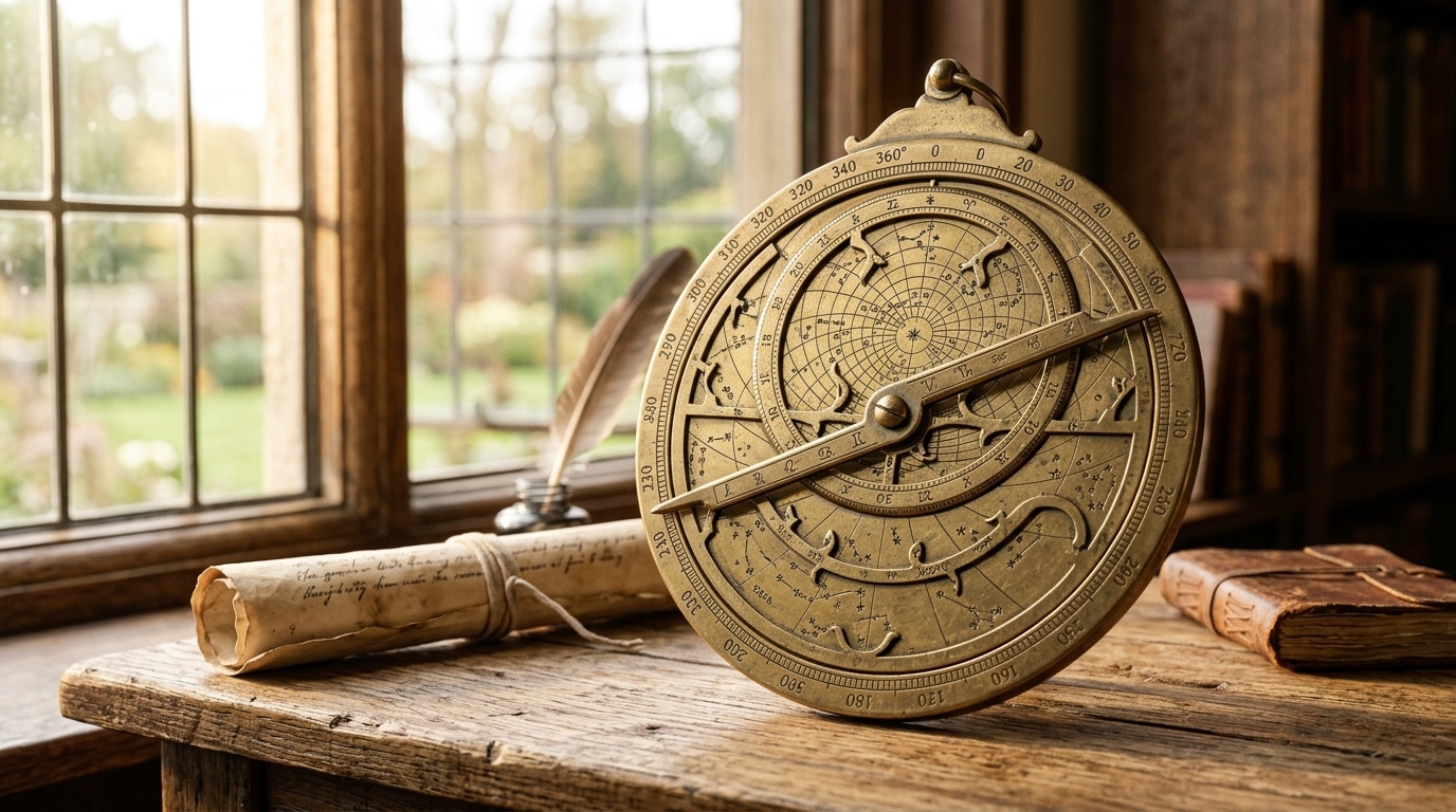 Astrolabe en laiton ancien sur table en bois