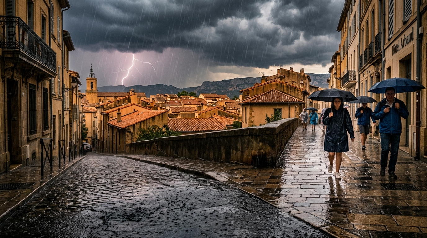 Orage violent avec pluie intense sur ville méditerranéenne