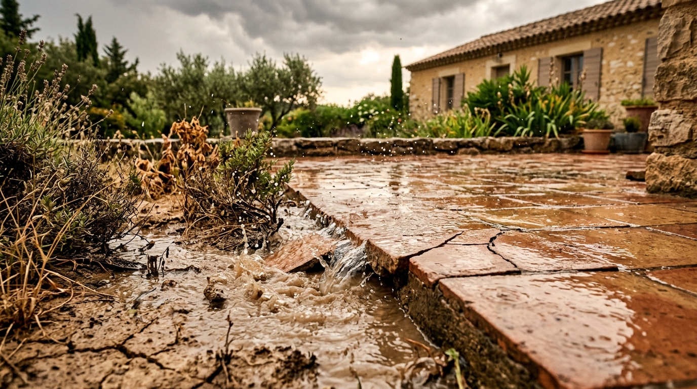 Pluie ruisselant sur sol sec et craquelé
