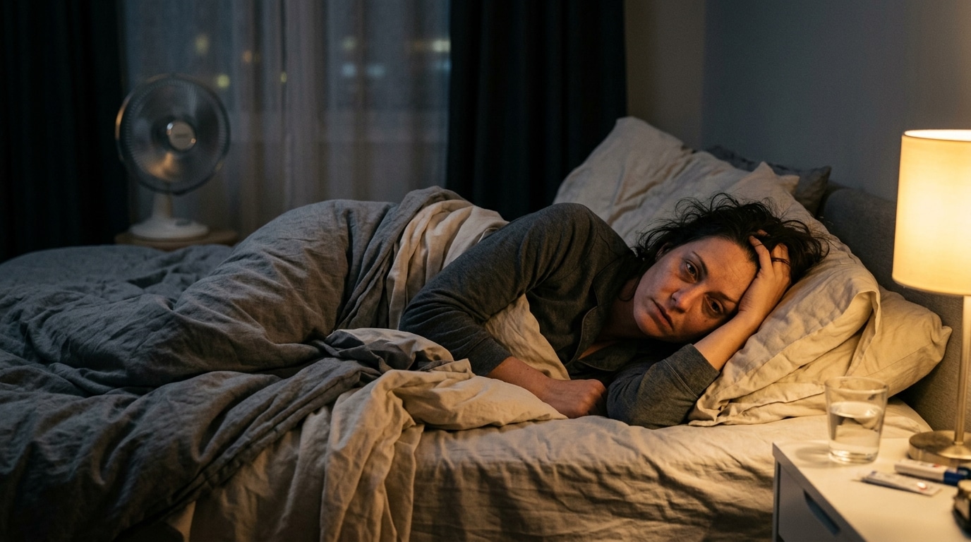 Femme épuisée ne trouvant pas le sommeil en pleine canicule