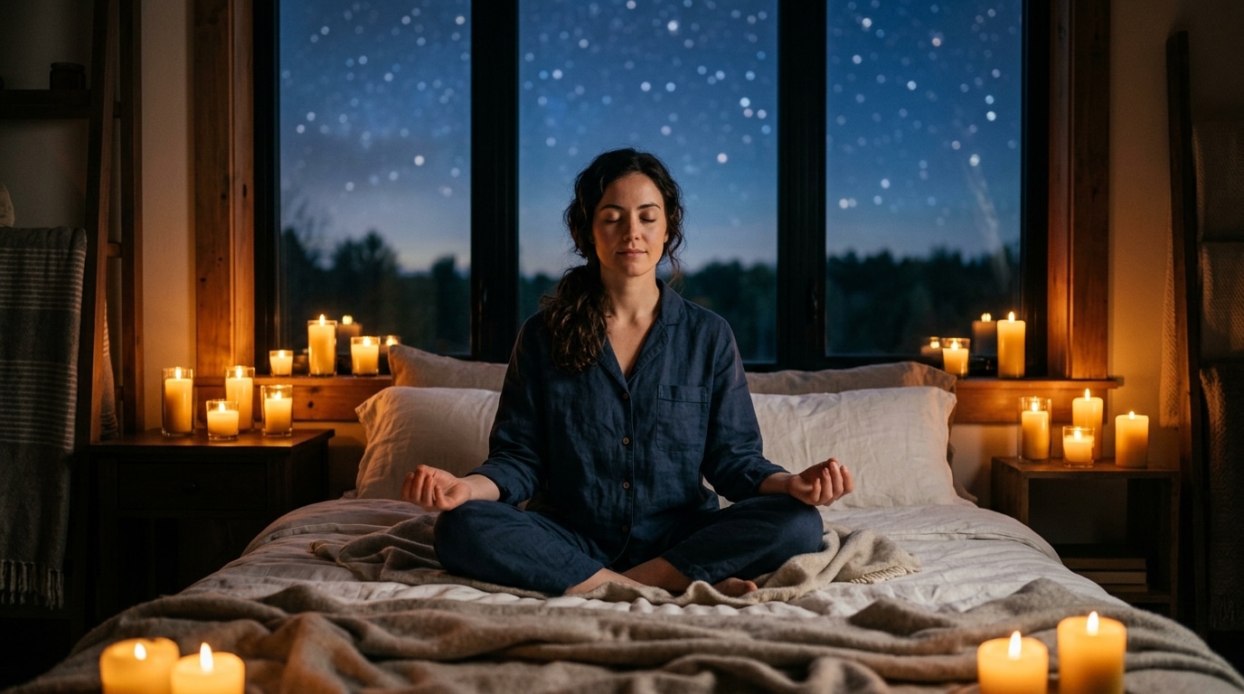 Rituel du soir apaisant dans une ambiance dorée et sereine