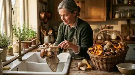 Personne nettoyant des champignons avec une brosse sèche