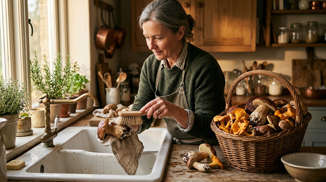 Personne nettoyant des champignons avec une brosse sèche