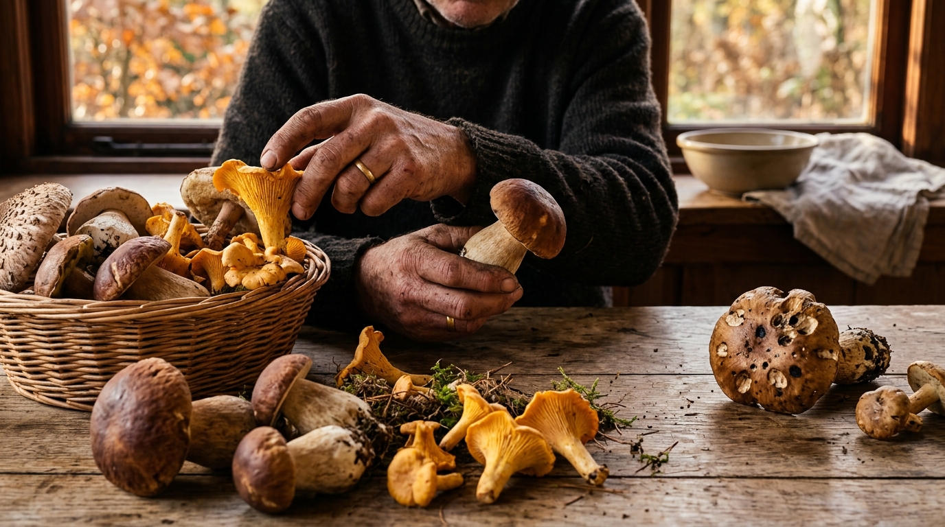 Tri de champignons sains et véreux sur une table