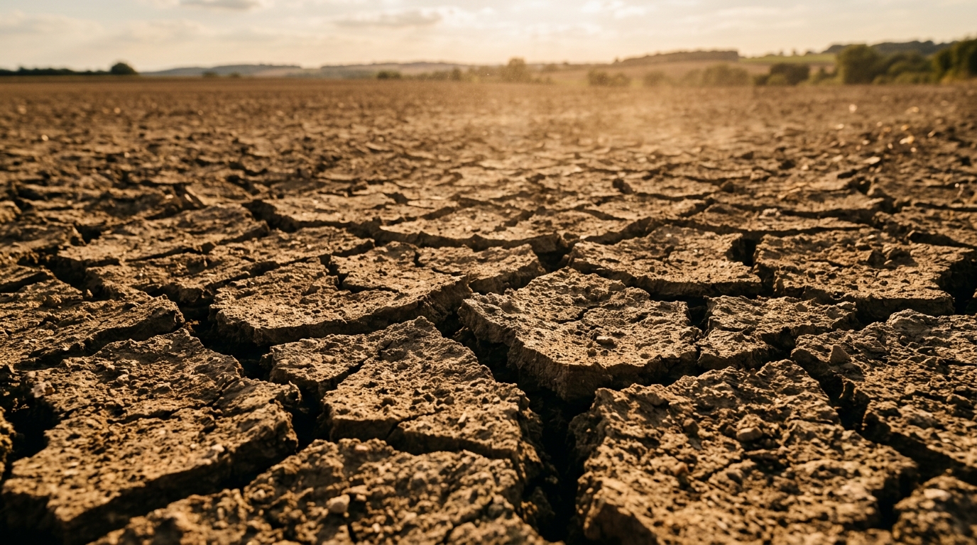 Terre craquelée par la sécheresse sous le soleil