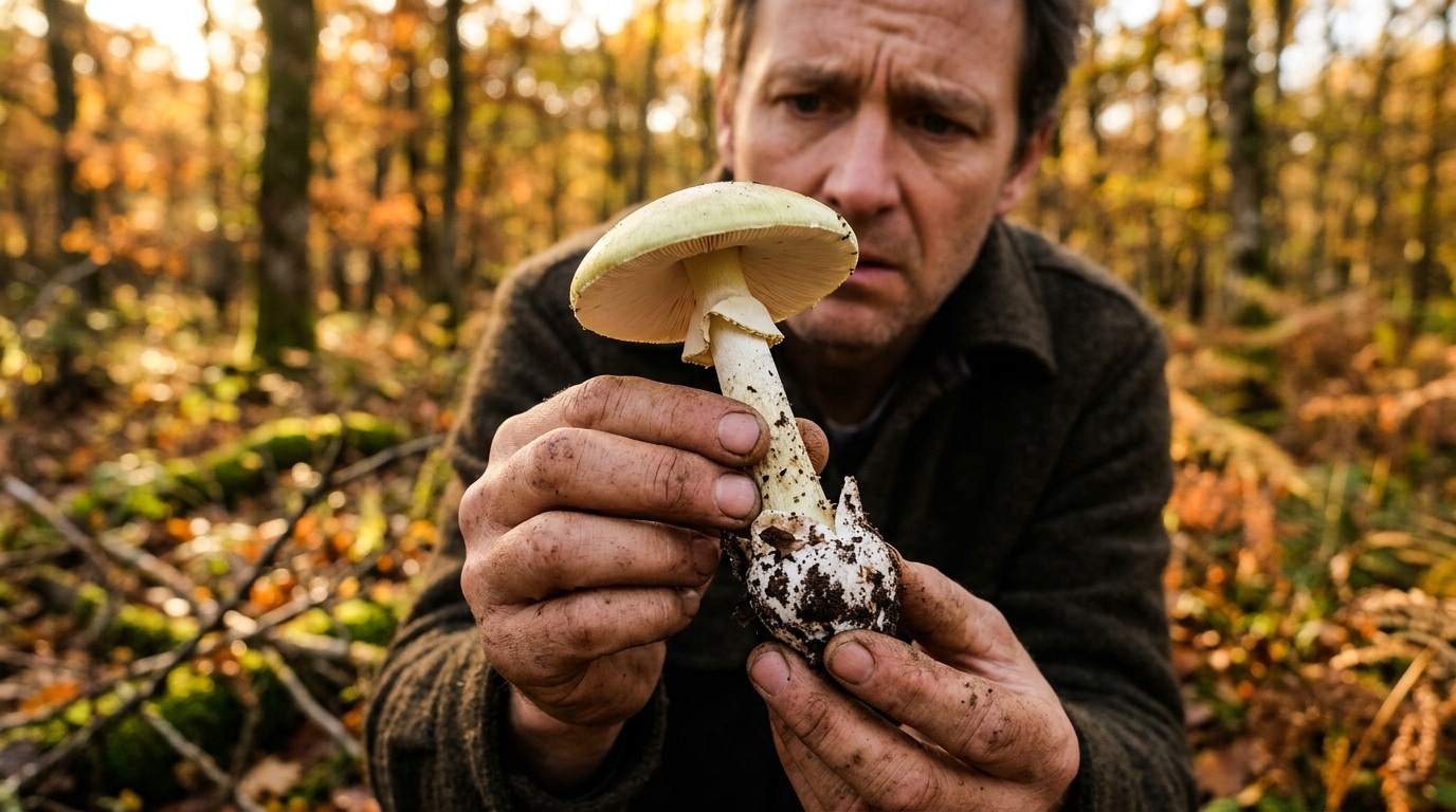 Mains tenant un champignon à chapeau verdâtre déterré en forêt