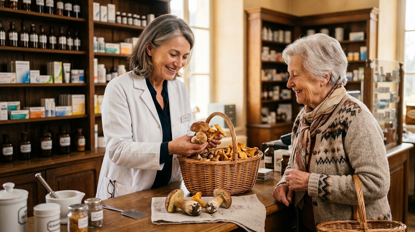 Pharmacien vérifiant un panier de champignons cueillis
