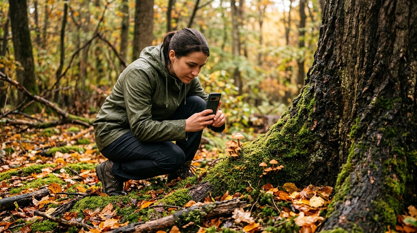 Femme photographiant un champignon au pied d'un arbre en automne