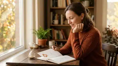 Femme souriante consultant un agenda près d'une fenêtre automnale