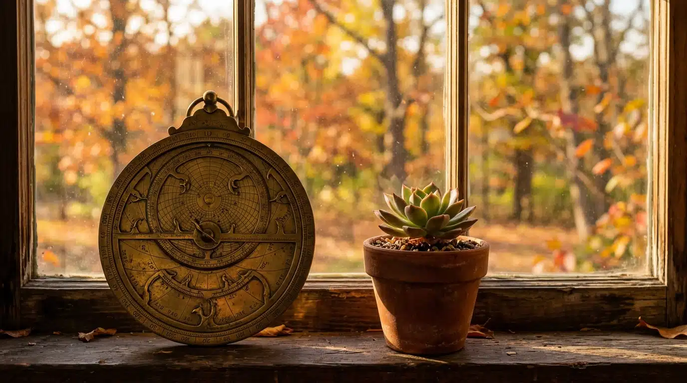 Astrolabe ancien et plante posés sur un rebord de fenêtre