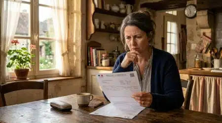 Femme regardant sa facture de taxe foncière avec inquiétude