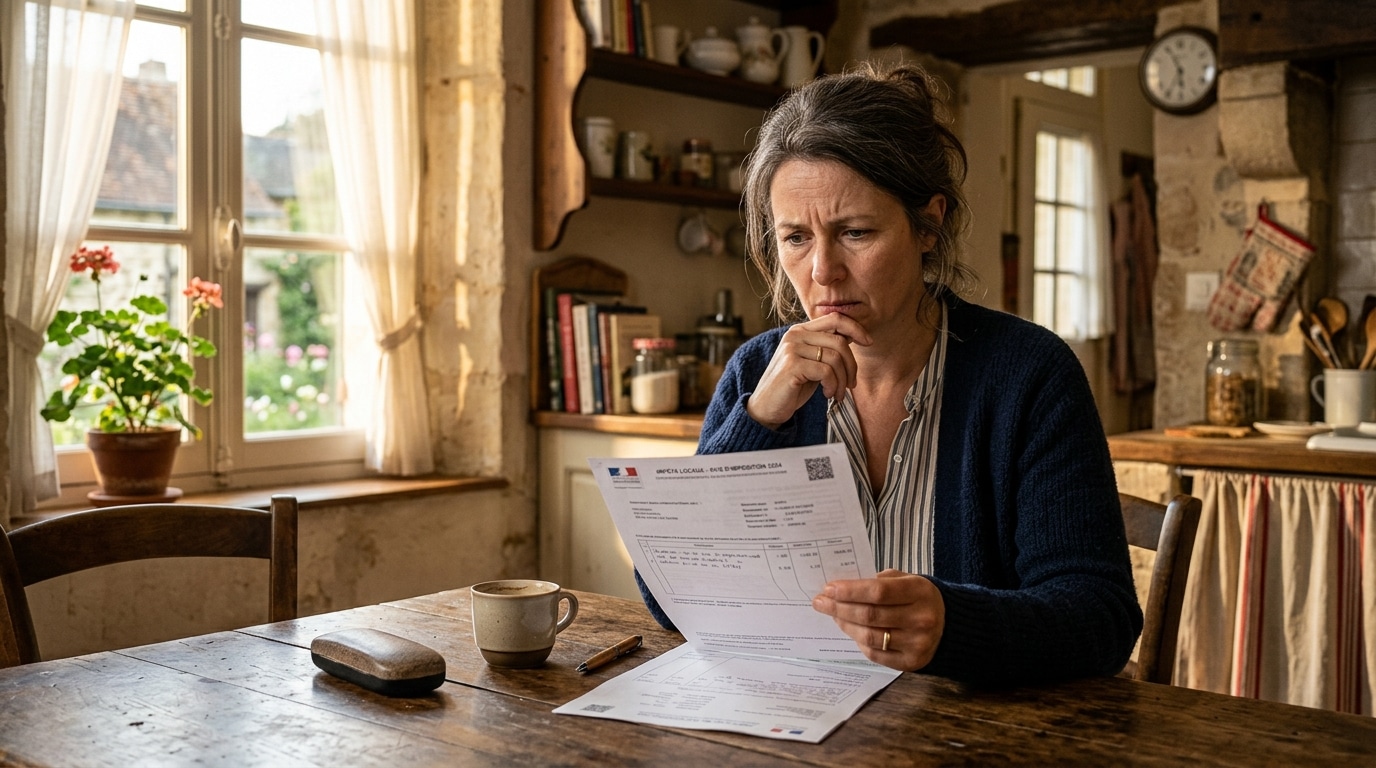 Femme regardant sa facture de taxe foncière avec inquiétude