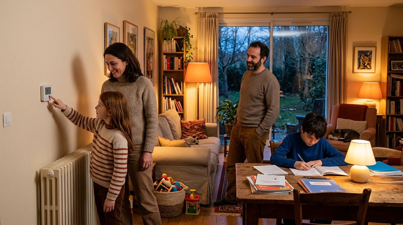 Famille réglant le thermostat en soirée d'automne