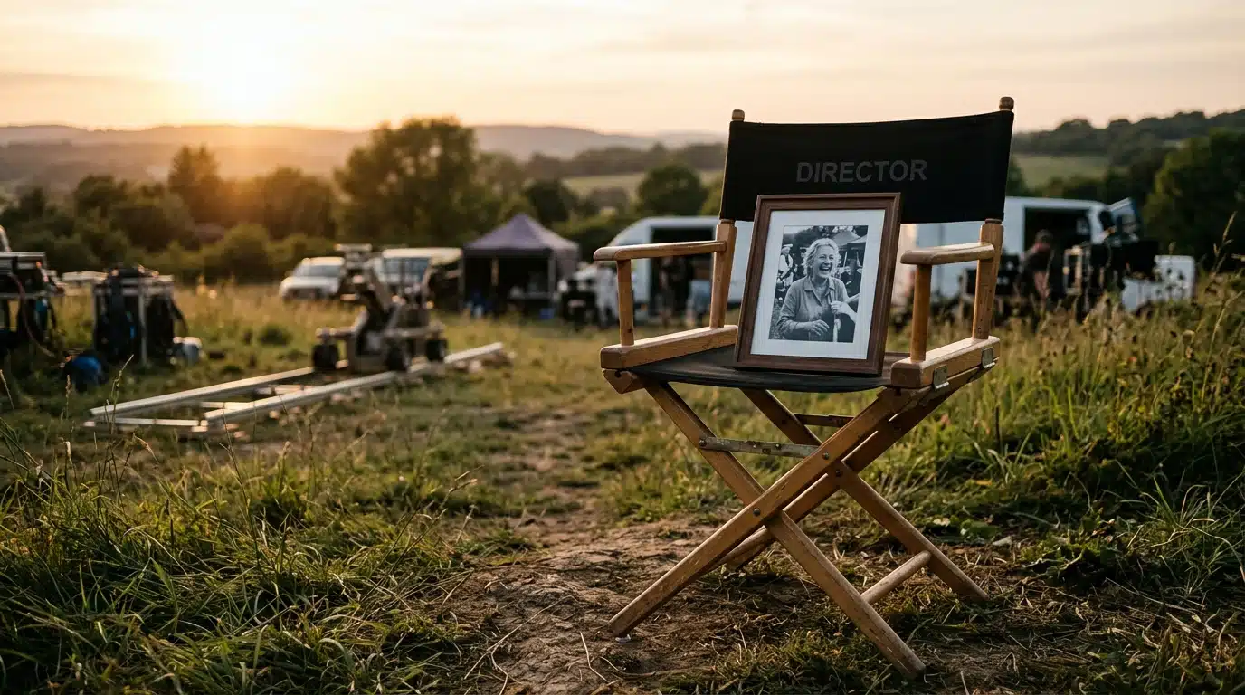 Chaise de réalisateur vide avec photo encadrée sur un plateau de tournage