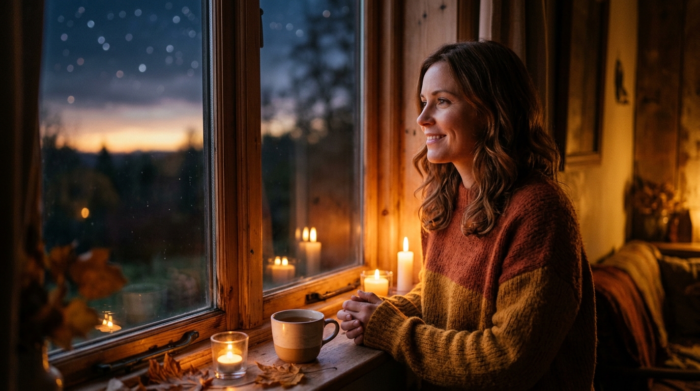 Femme souriante à l'aube dans une lumière dorée automnale