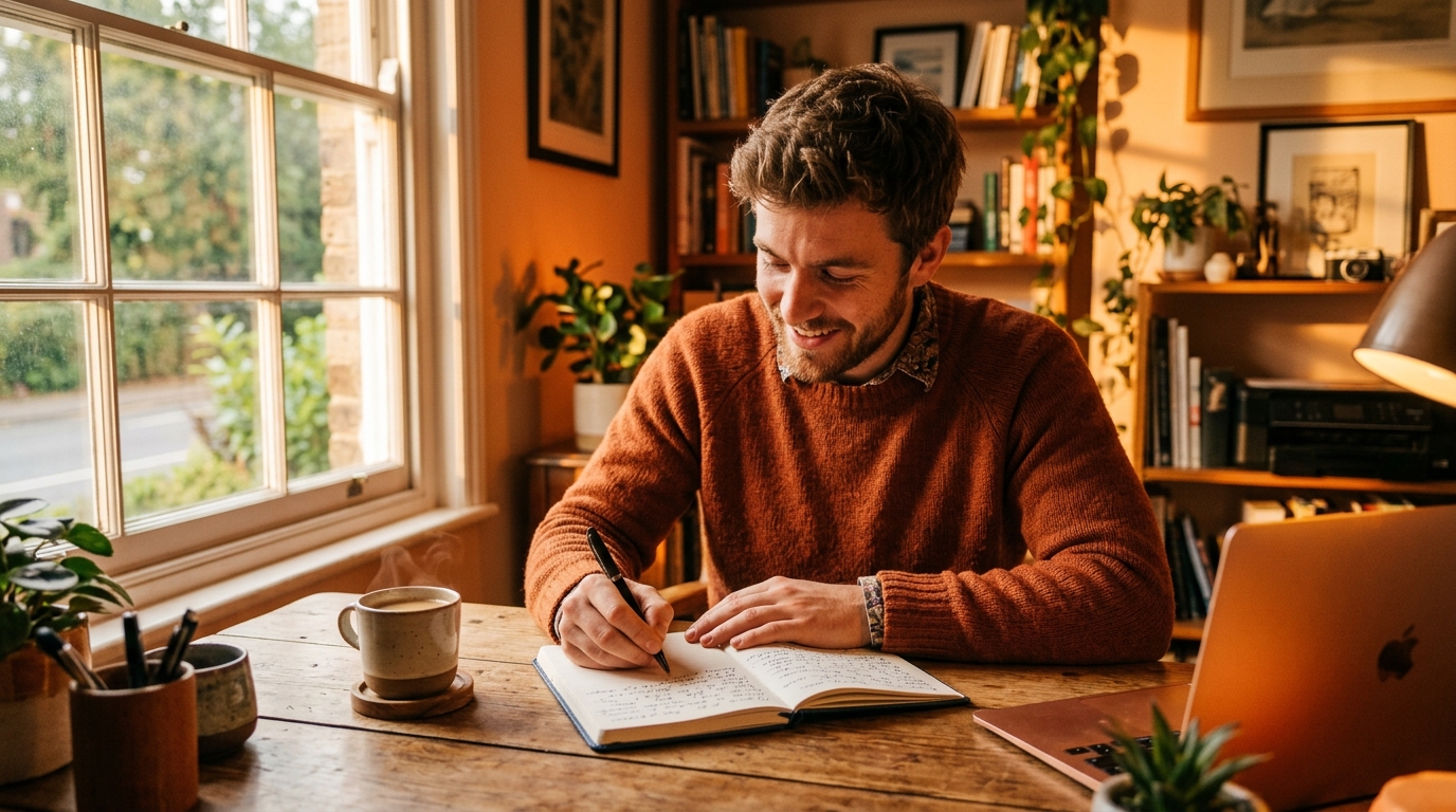 Homme motivé écrivant dans un carnet au bureau le matin