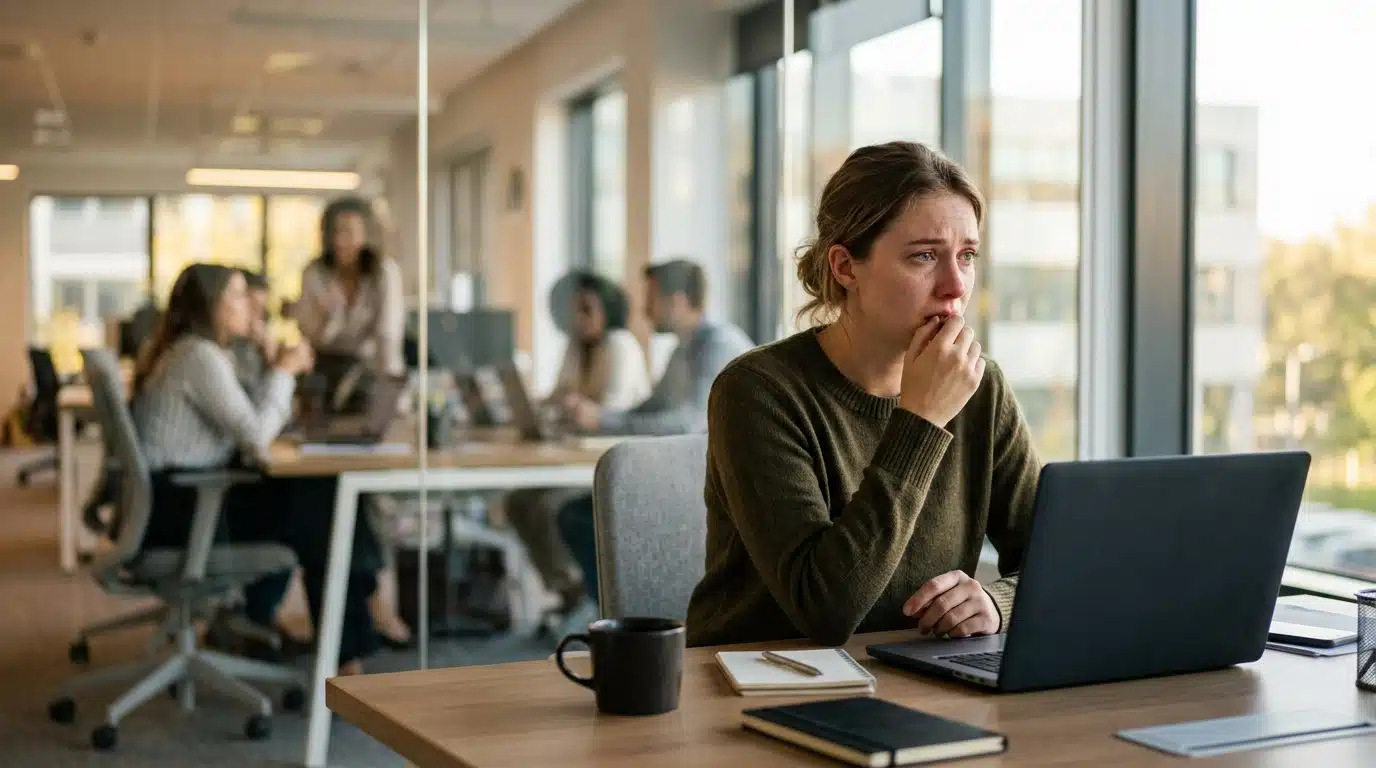 Employé seul au bureau, regard choqué près d'une vitre