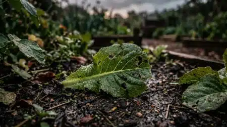 Feuille de salade trouée par des limaces après la pluie