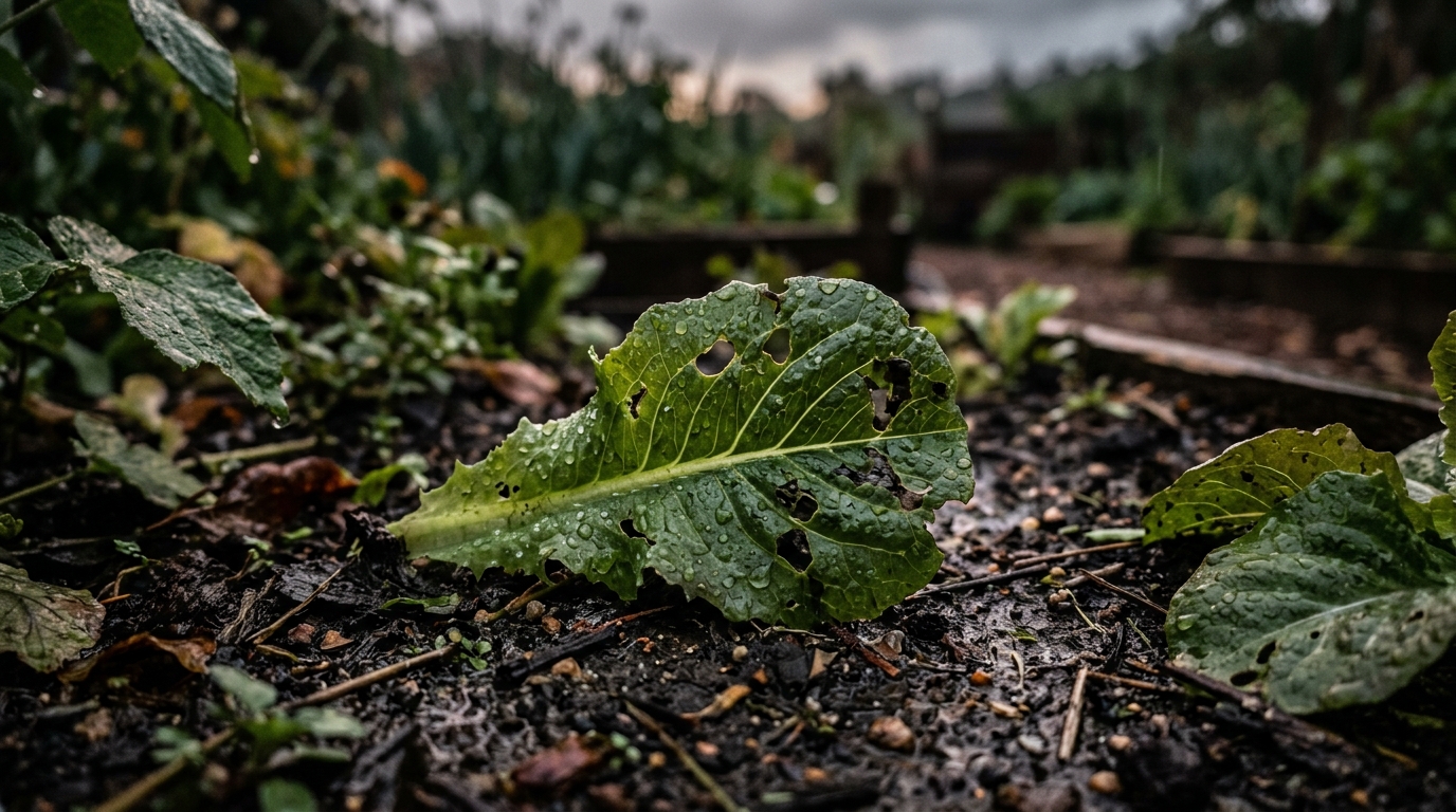 Feuille de salade trouée par des limaces après la pluie