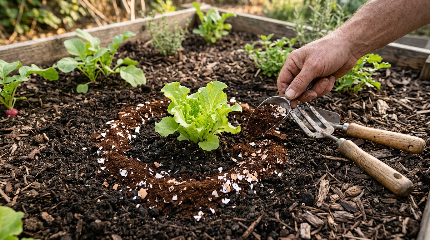 Main répandant marc de café autour d'un plant de salade