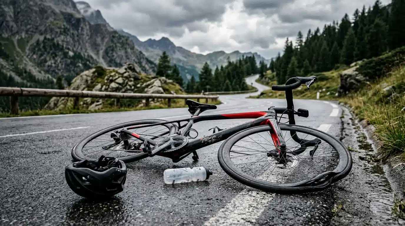 Vélo de course accidenté sur route de montagne