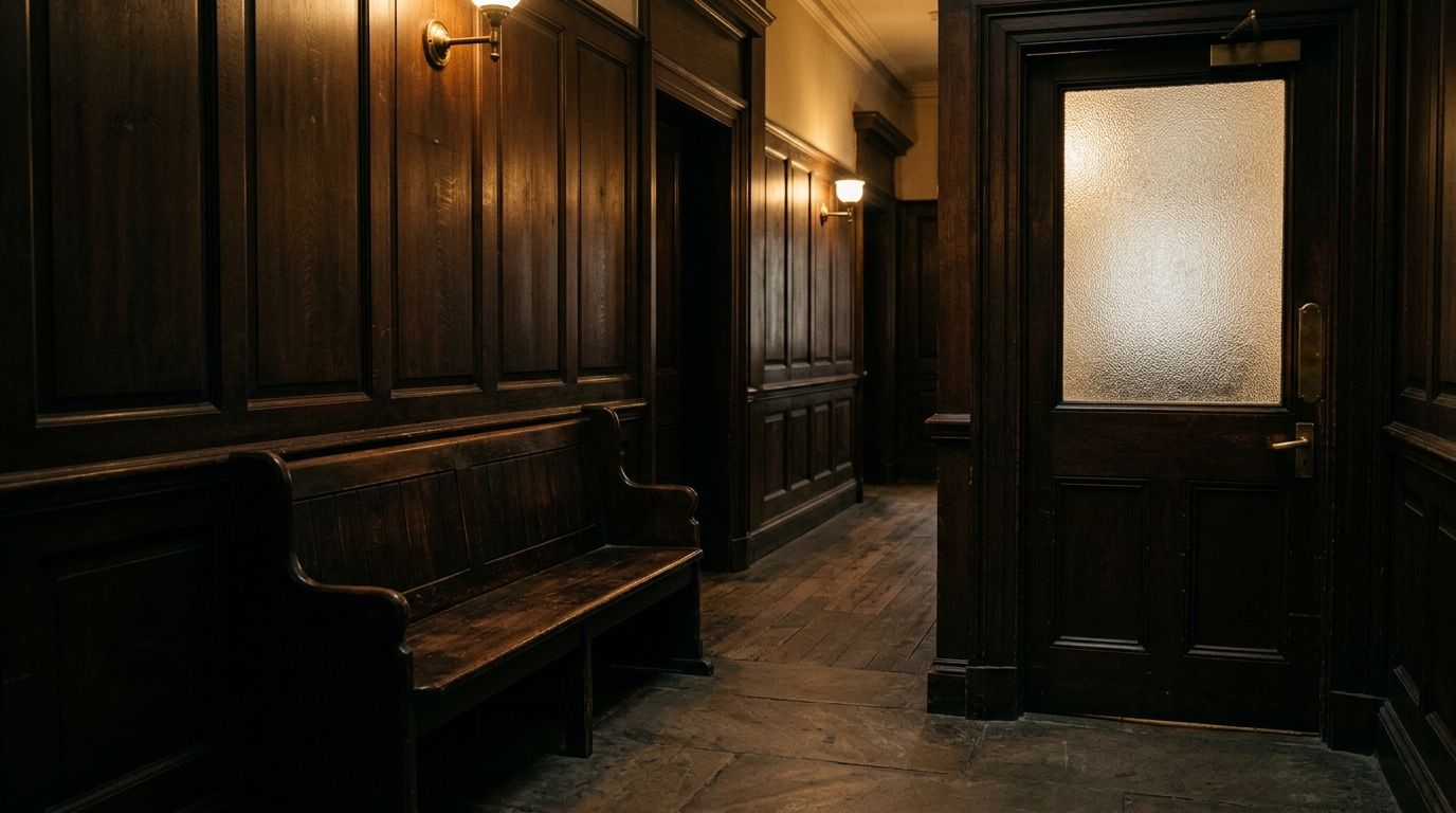 Couloir de tribunal avec porte close et banc vide